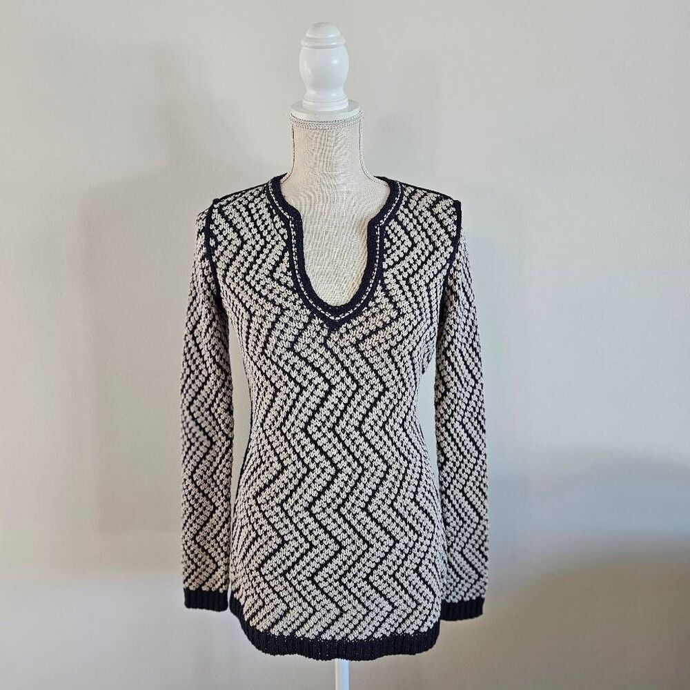 Tory Burch Navy and Beige Tunic Sweater Size Small